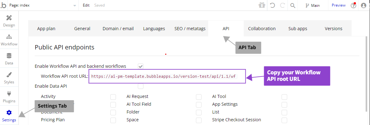 Bubble Settings API Tab