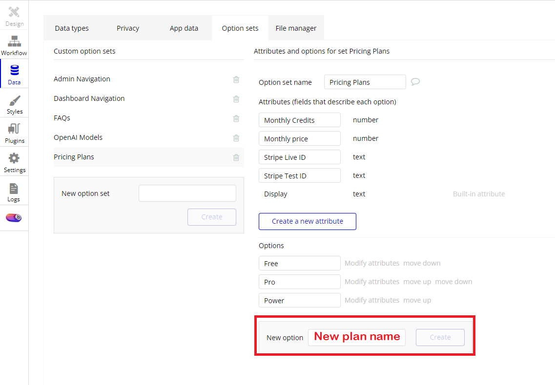 Create a new Pricing Plans option